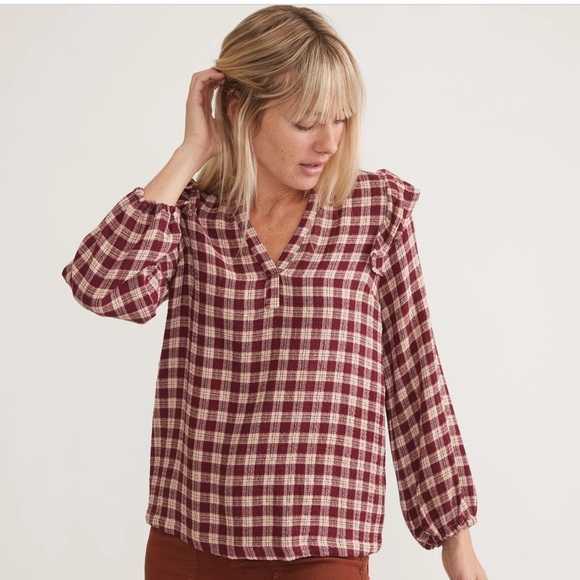 Marine Layer Tops - Marine Layer Jamie Ruffle Sleeve Plaid Top – Size Small – Burgundy / Cream